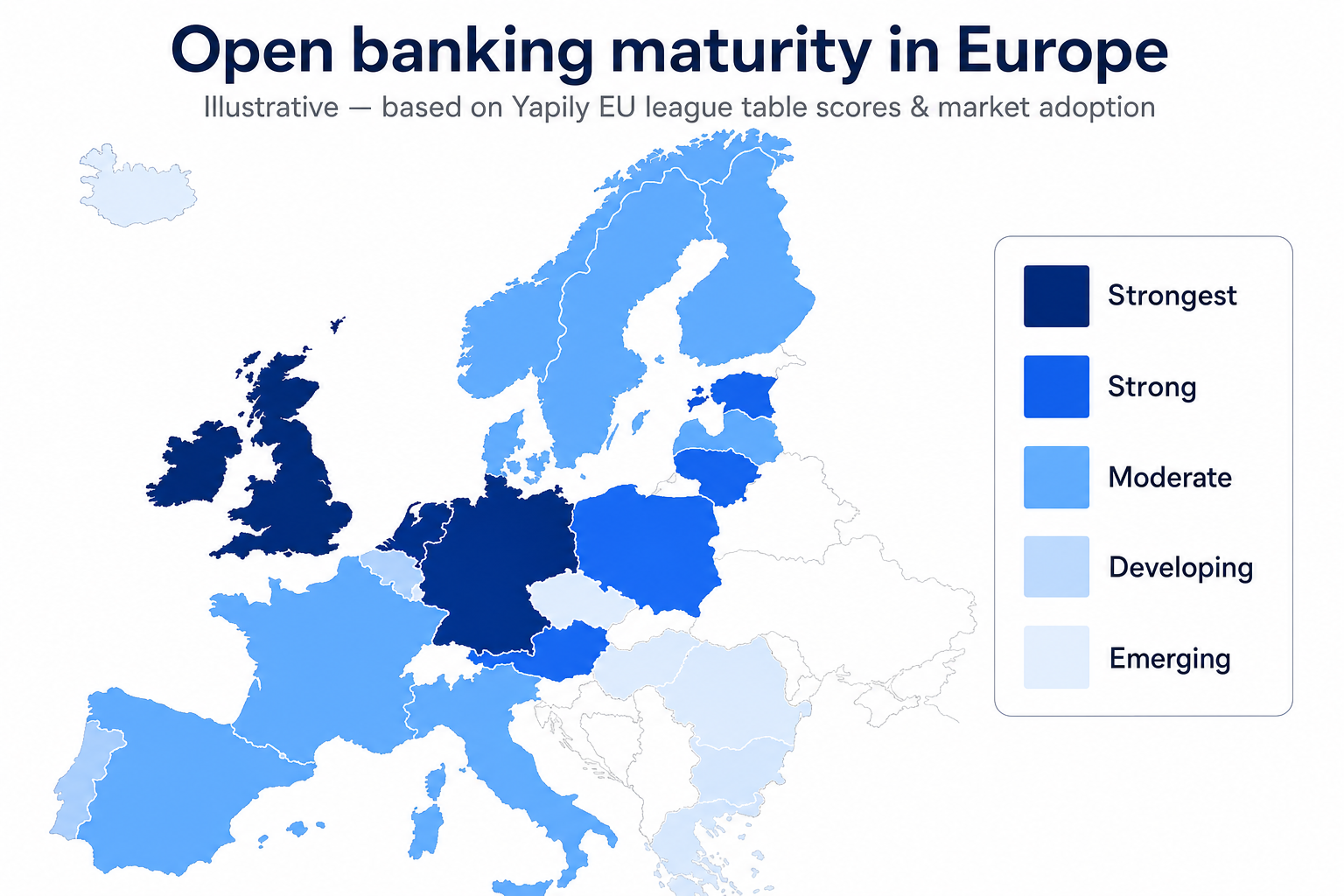 Choropleth map of Europe showing open banking maturity by country with darker blues for stronger markets