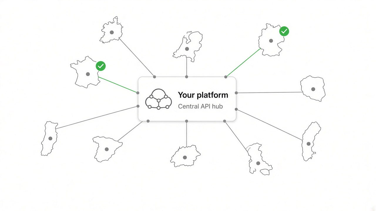 Cross border open banking integration diagram showing multiple EU countries connected to one application