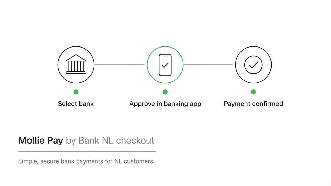 Mollie Pay by Bank checkout flow diagram showing three-step bank payment in Netherlands
