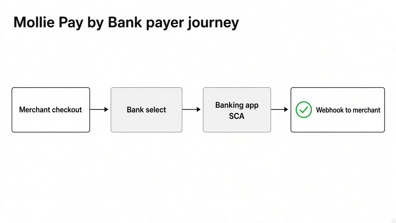 Payer journey for Mollie Pay by Bank from merchant checkout to Dutch banking app approval