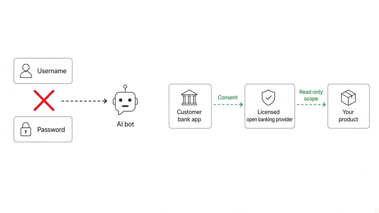 Open banking AI agent access diagram showing consented bank data versus blocked password sharing