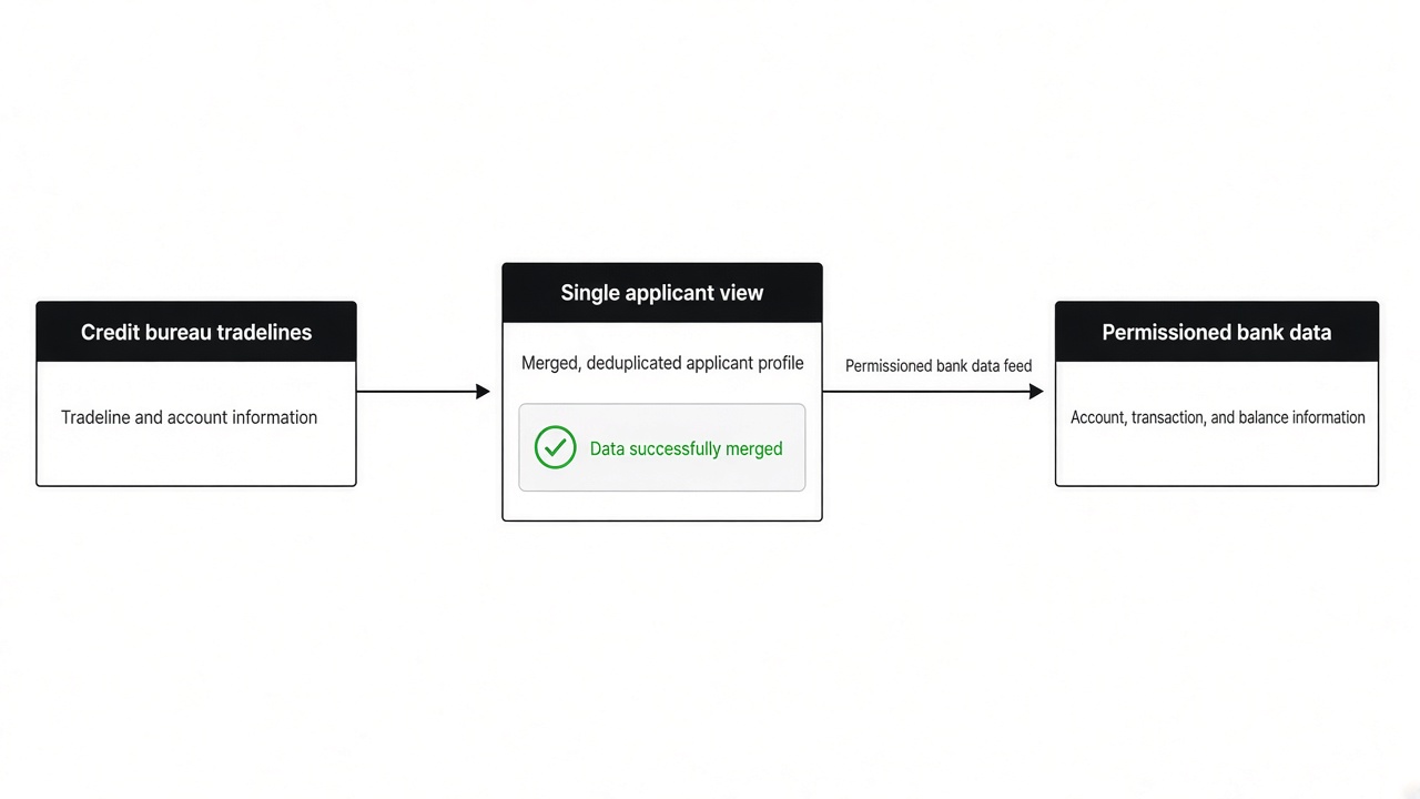 Open banking credit bureau diagram showing tradeline file merging with permissioned bank transaction data