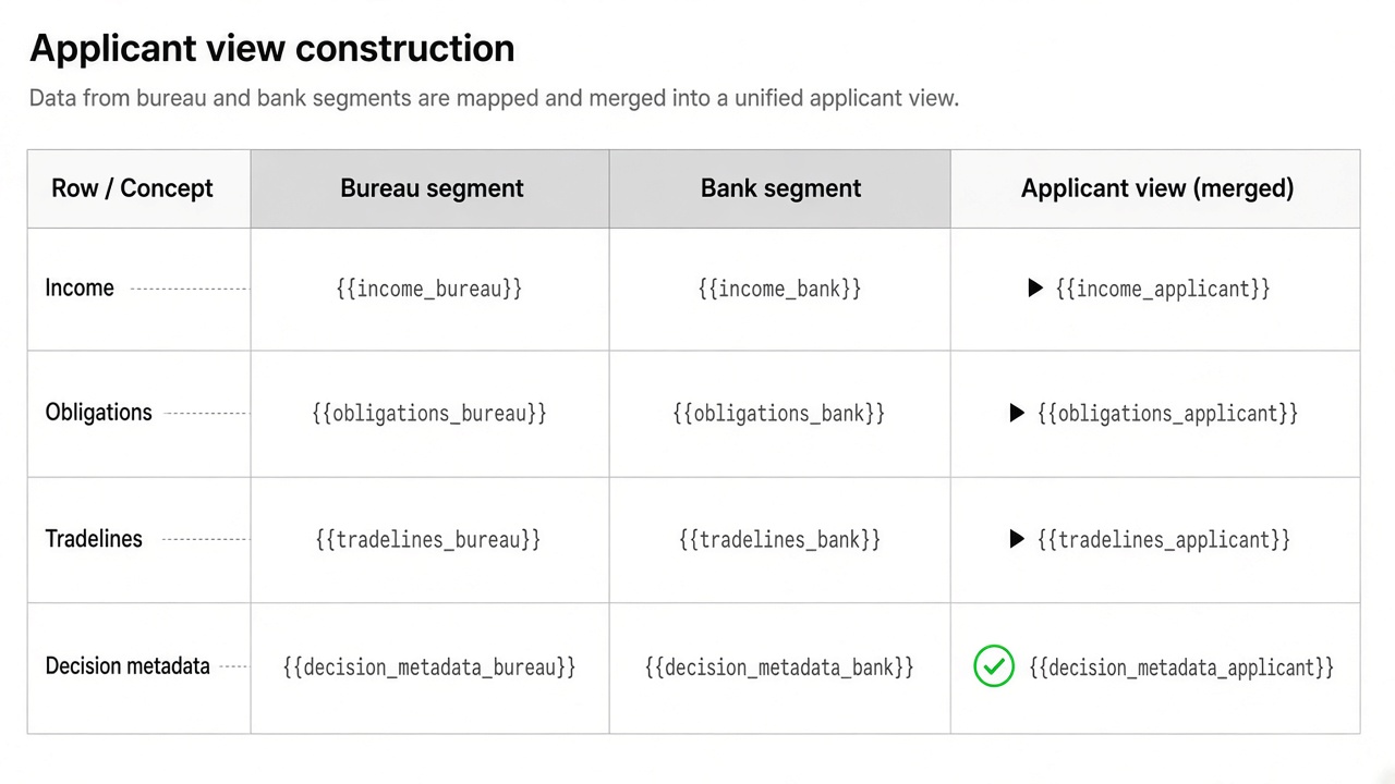 Open banking credit bureau merge schema with bureau segment and bank segment columns