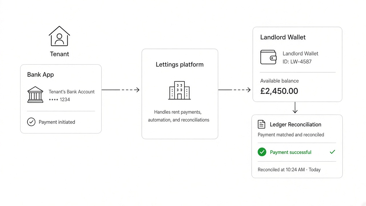 Open banking property management diagram showing rent collection from tenant bank to lettings platform