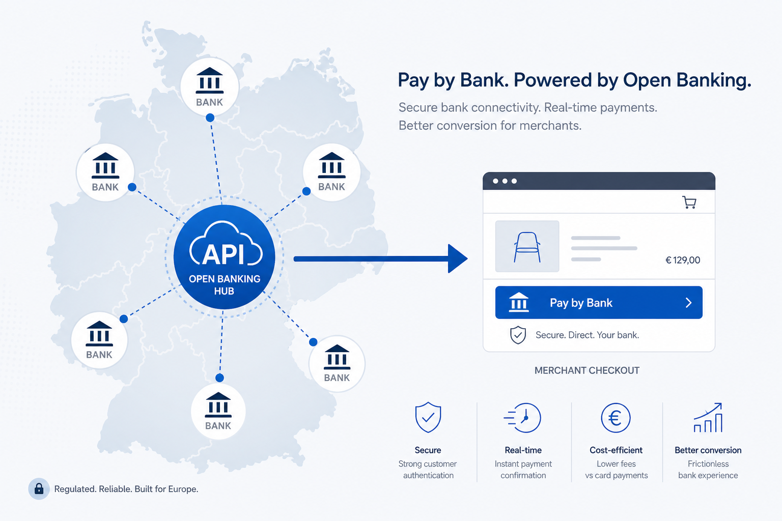 Open banking Germany map showing major bank connectivity and Pay by Bank checkout flow