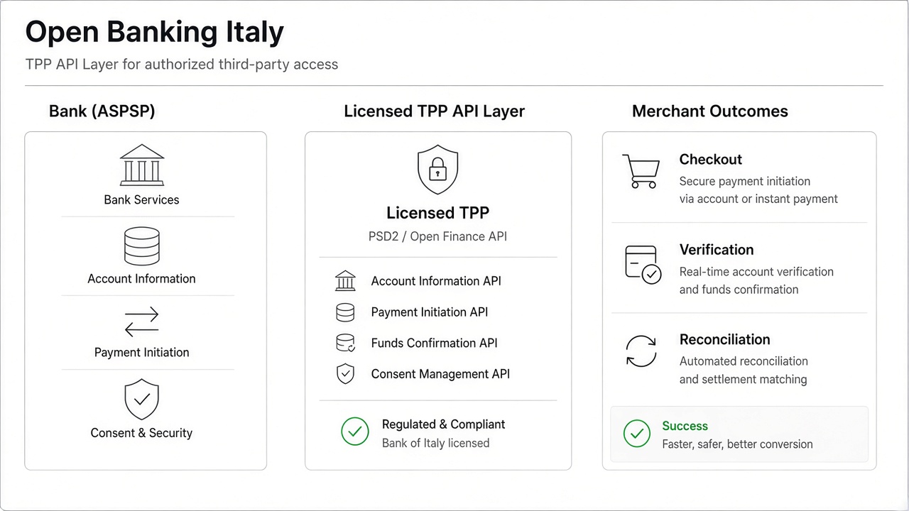Open banking Italy diagram showing major bank connectivity and Pay by Bank checkout flow