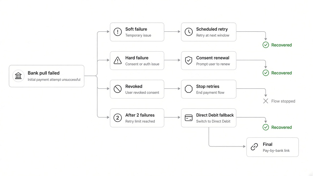Mixed-rail recurring payment fallback decision tree for open banking dunning recovery