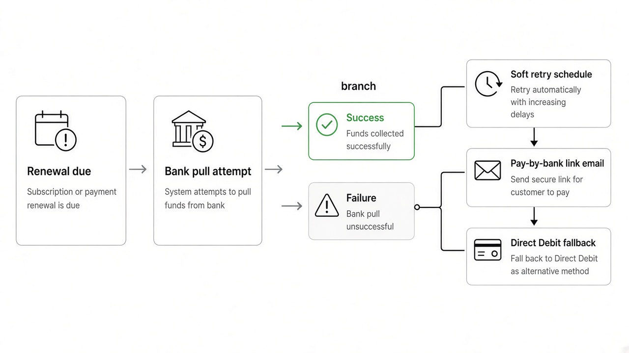 Open banking dunning workflow showing failed bank pull, retry tiers, and mixed-rail fallback paths