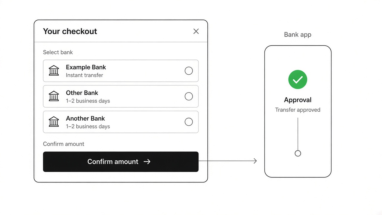 Embedded open banking checkout showing in-app bank selection before app-to-app handoff