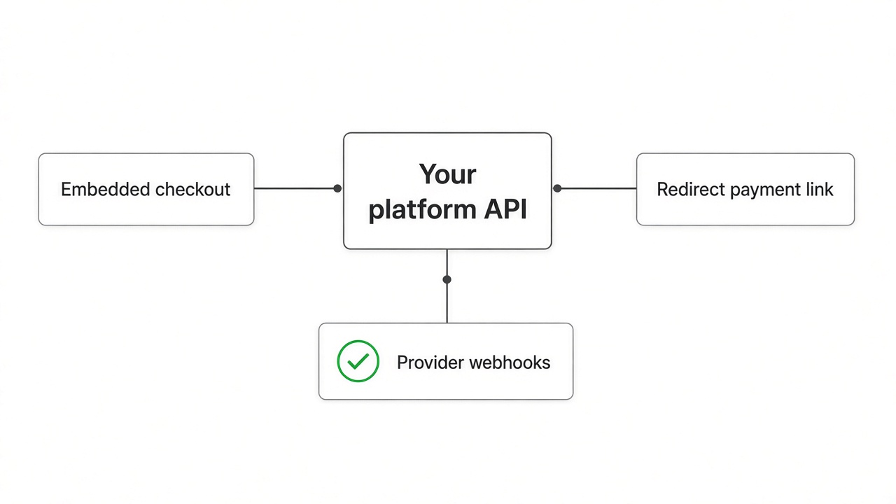 Open banking mixed-mode diagram with embedded checkout and redirect payment links sharing one provider API