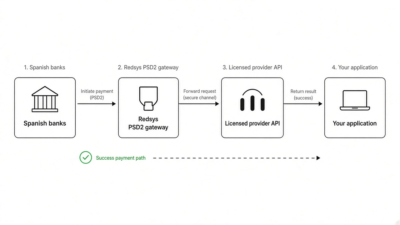 Open banking Spain diagram showing Redsys gateway connectivity and Pay by Bank checkout flow