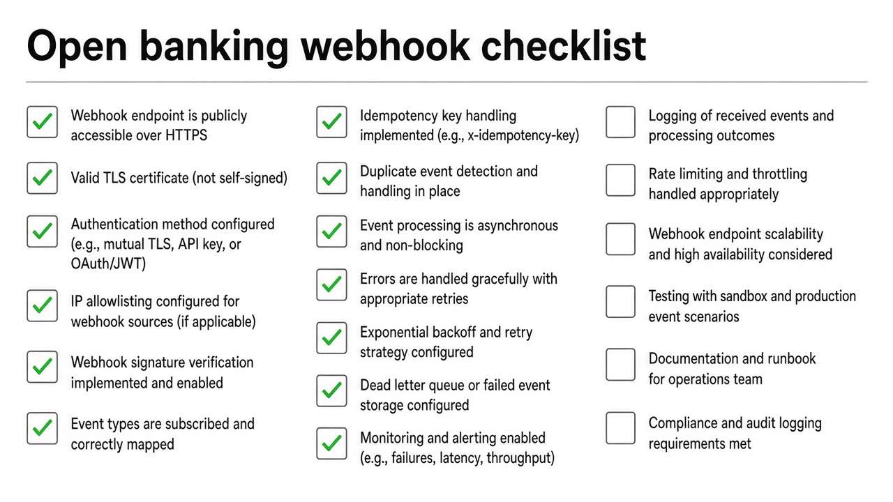 Open banking webhook provider checklist for engineering and payments teams