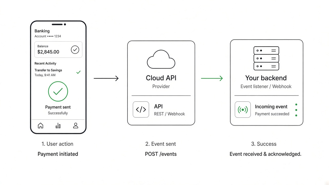 Open banking webhooks diagram showing bank payment events delivered to merchant backend