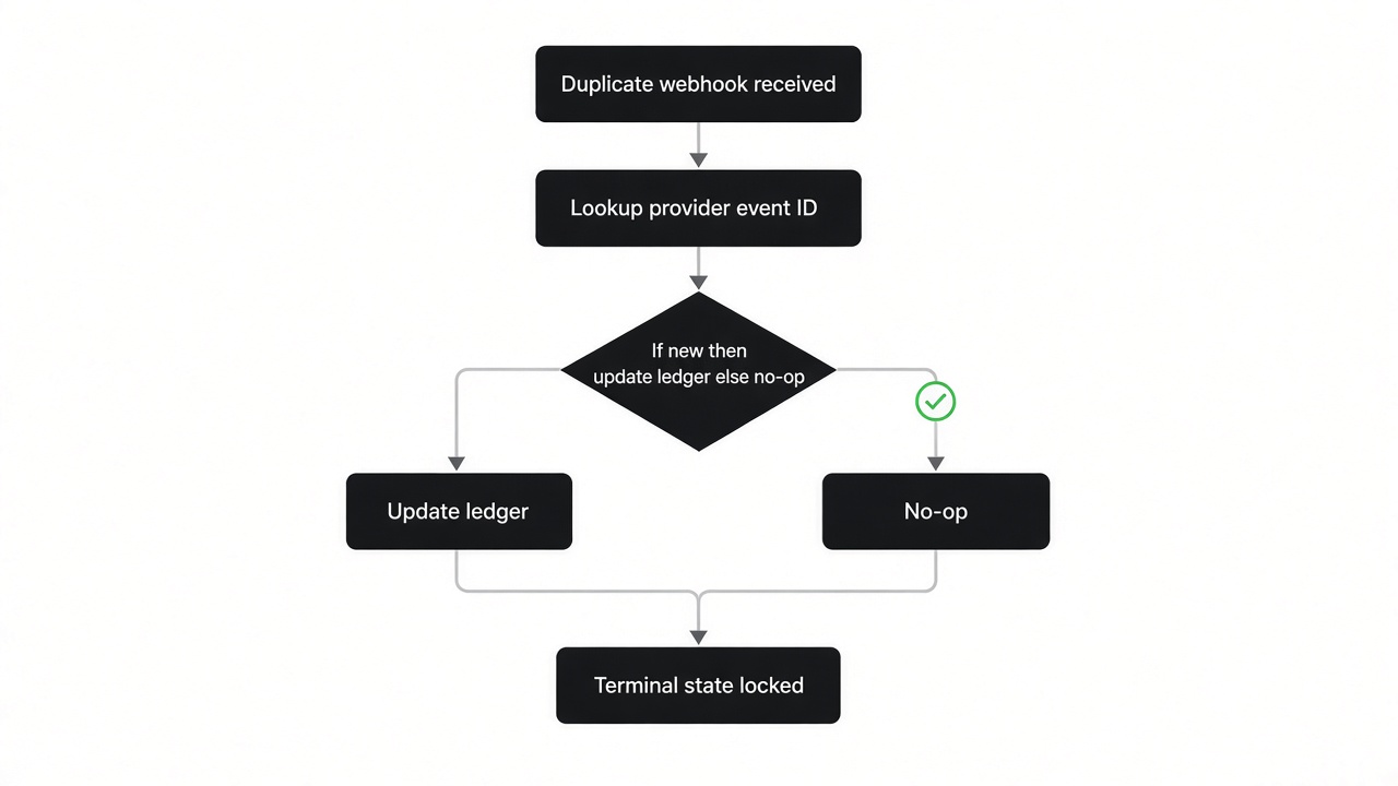 Open banking webhook idempotency flow from duplicate events to single ledger update