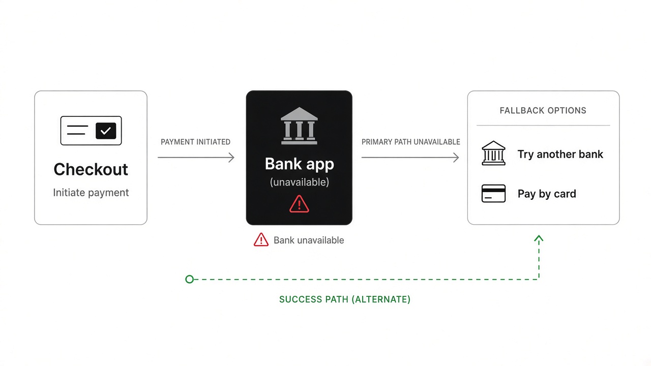 Pay by bank bank outage diagram showing failed bank app with merchant fallback payment rails