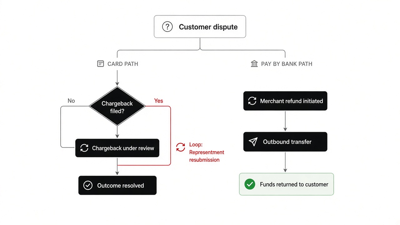 Pay by bank chargeback versus refund decision flow for checkout dispute handling