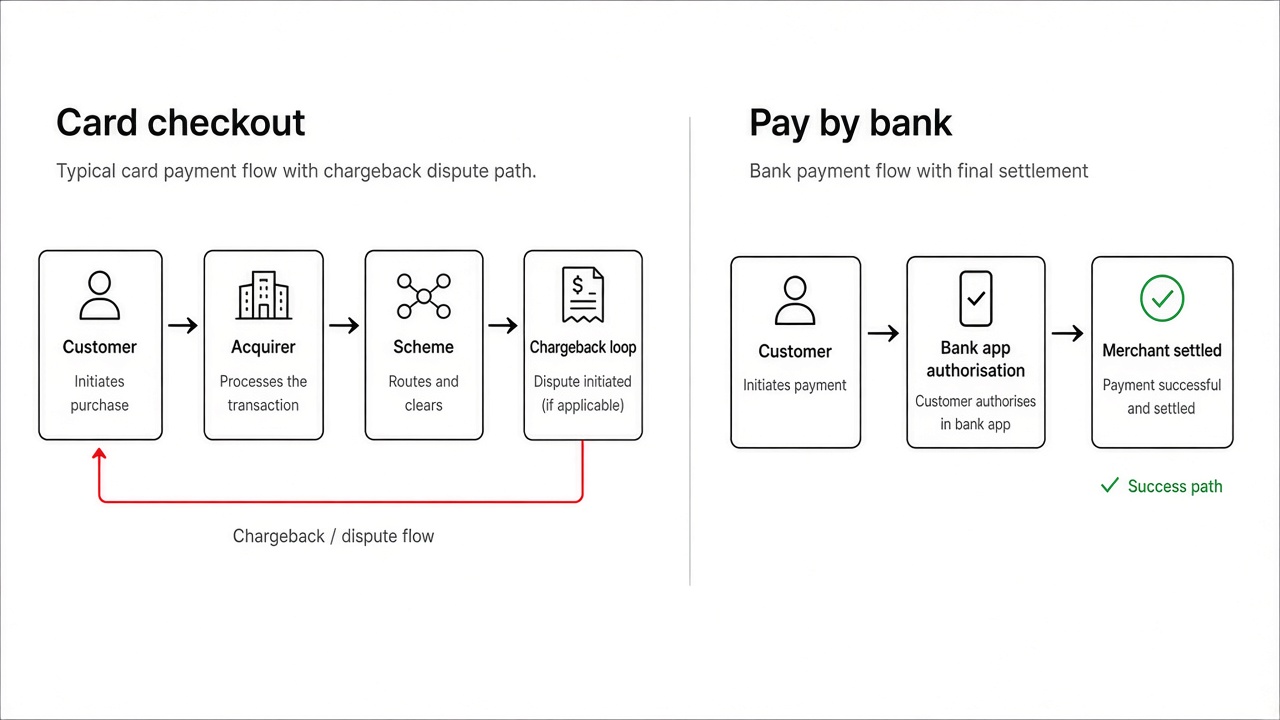 Pay by bank chargebacks diagram comparing card dispute path versus bank push payment path at checkout
