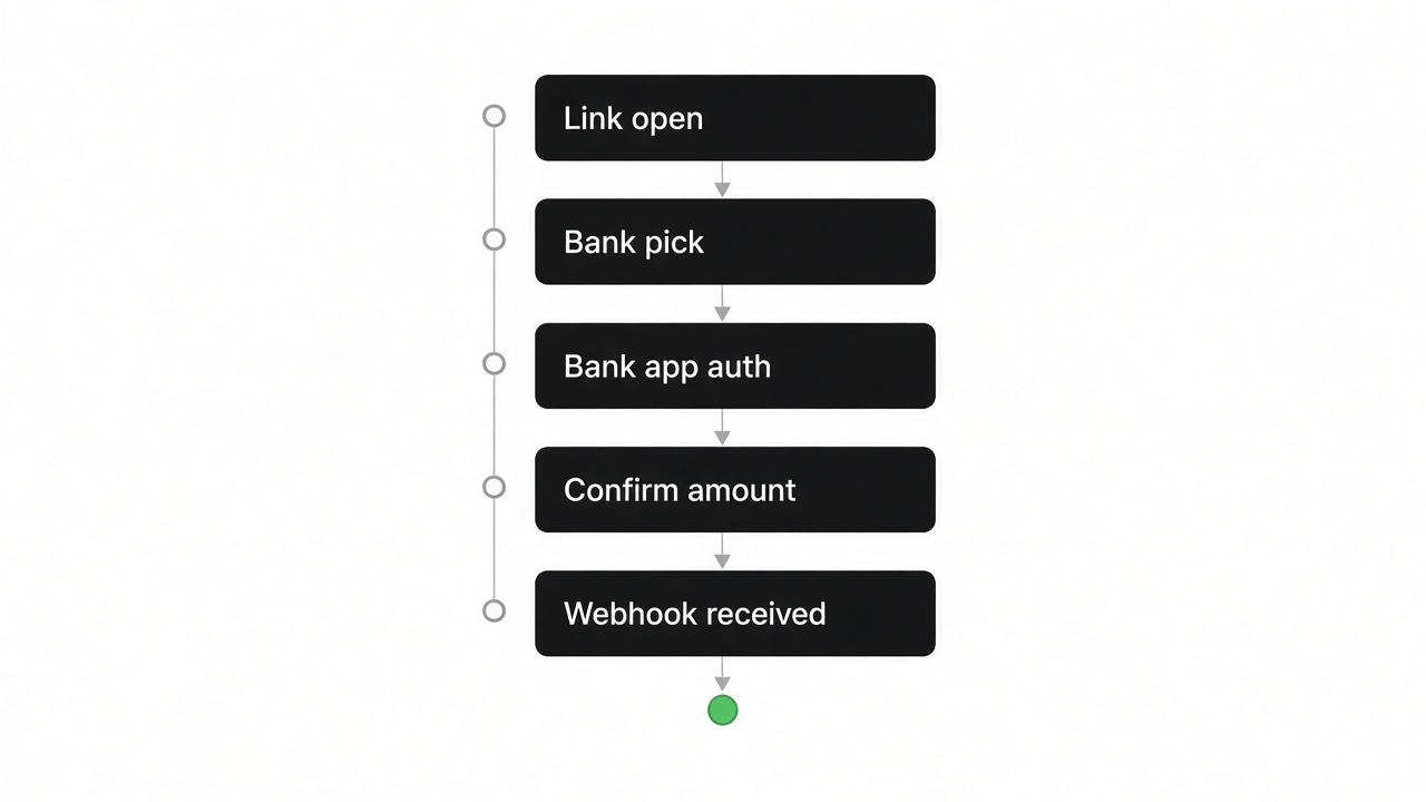 Payer journey diagram for pay by bank payment links with QR email and bank app steps
