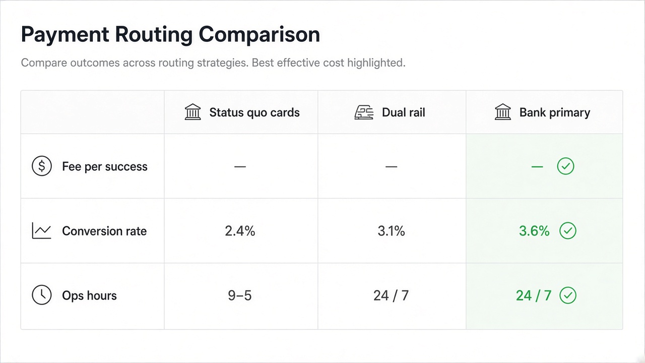 Pay by bank UK card fees scenario table for finance teams comparing card interchange and bank rails